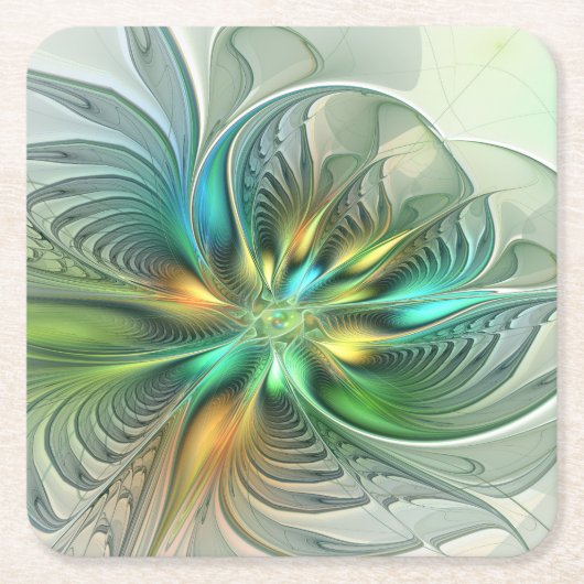 Colorful Fantasy Modern Abstract Flower Fractal スクエアペーパーコースター (正面)
