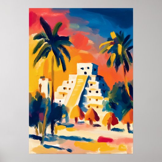 Colorful Fauvist Chichen Itza Pyramid Art ポスター (正面)