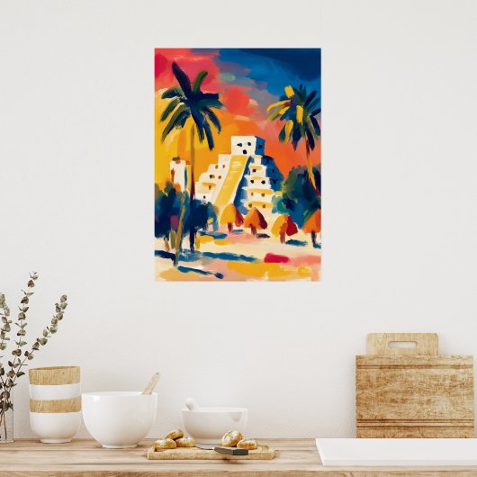 Colorful Fauvist Chichen Itza Pyramid Art ポスター (キッチン)