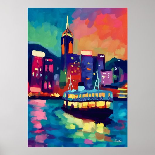 Colorful Fauvist Hong Kong Skyline Wall Art ポスター (正面)