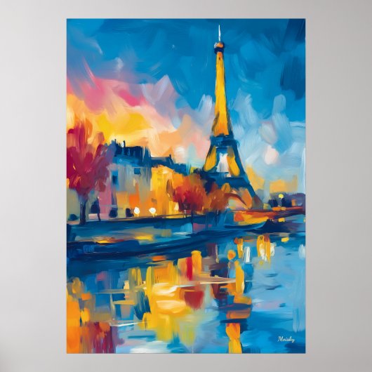 Colorful Fauvist Paris River Reflection Art ポスター (正面)