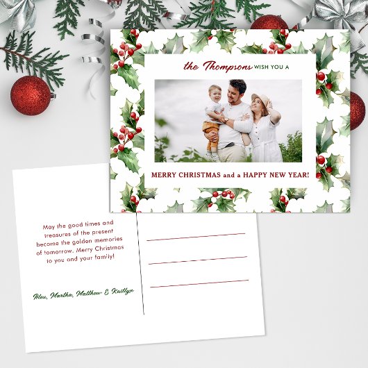 Colorful Festive Christmas Holly One-Photo シーズンポストカード