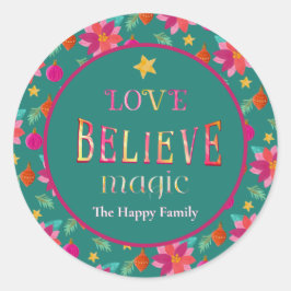 Colorful Festive Floral Believe Christmas  ラウンドシール