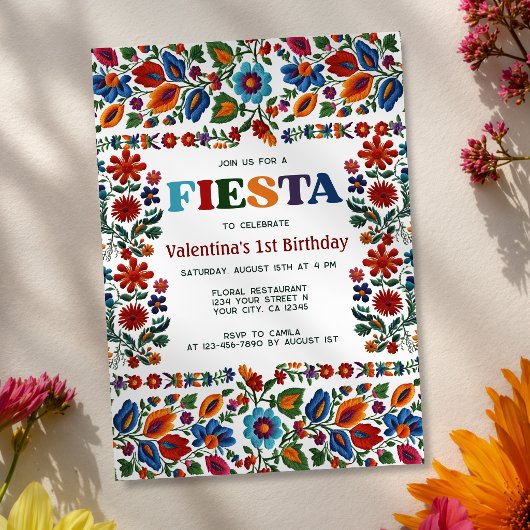 Colorful Fiesta Floral Folk Art First 1st Birthday 招待状
