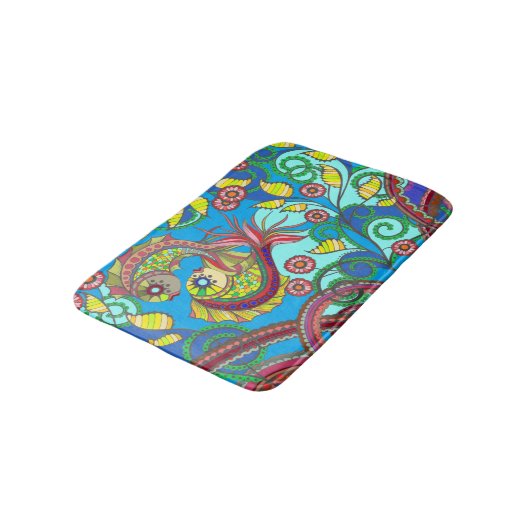 Colorful Fish & Floral Art Bath Mat  バスマット (アングル)