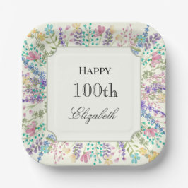 Colorful Floral 100th Birthday Paper Plates ペーパープレート