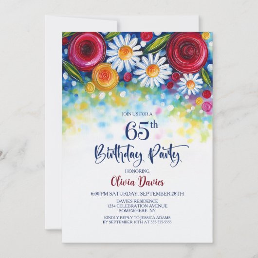 Colorful Floral 65th Birthday Party 招待状 (正面)