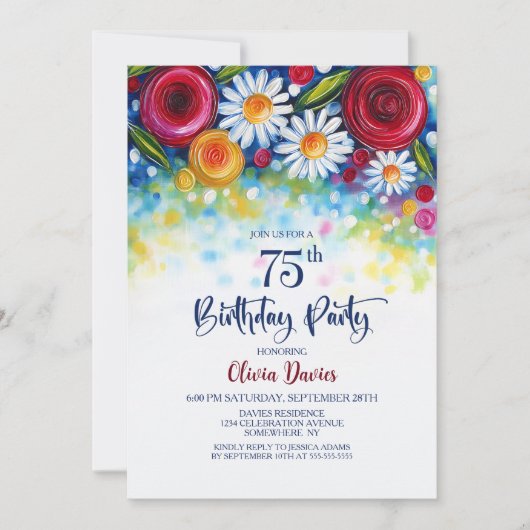 Colorful Floral 75th Birthday Party 招待状 (正面)