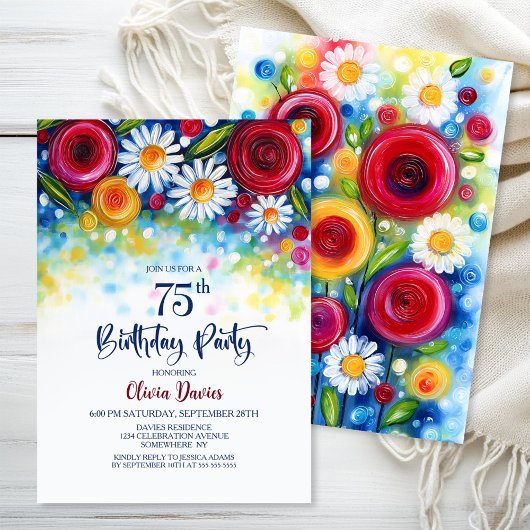 Colorful Floral 75th Birthday Party 招待状