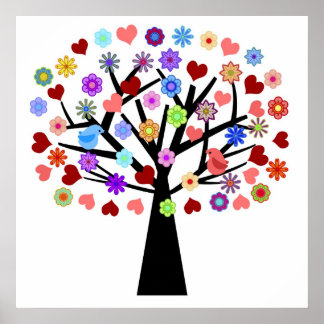 Colorful Floral and Hearts with Lovebirds Tree Ill ポスター