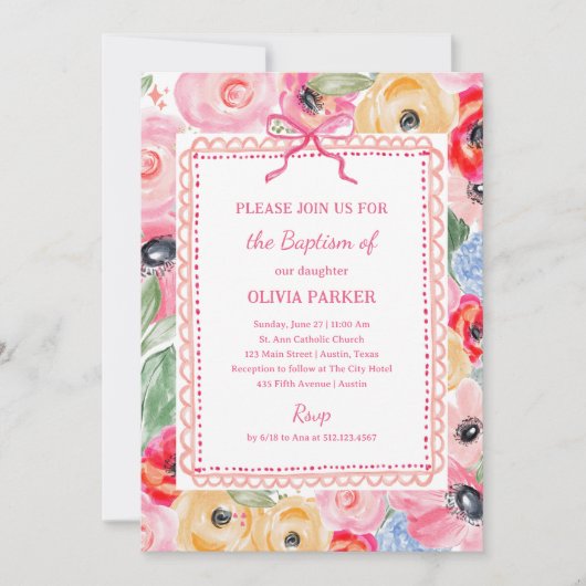 Colorful Floral Baptism | Whimsical Frame and Bow 招待状 (正面)