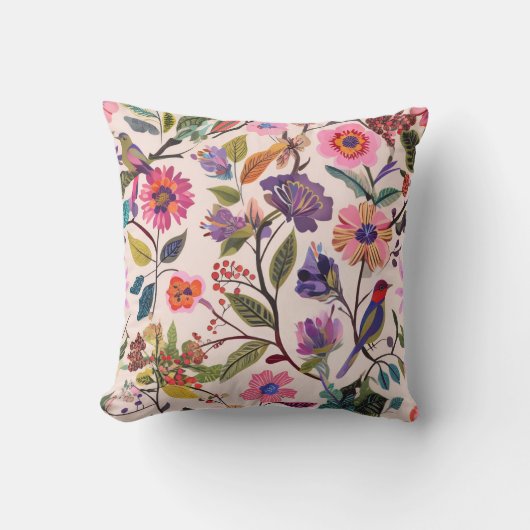 Colorful Floral & Bird Pattern Pillow Nature base クッション (正面)