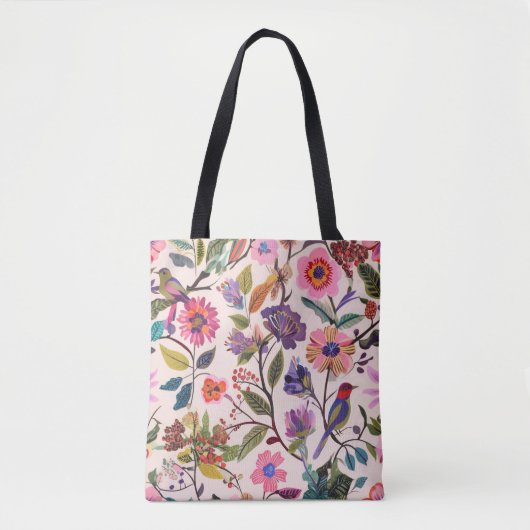 Colorful Floral & Bird Pattern Tote Bag |Artistic  トートバッグ (正面)