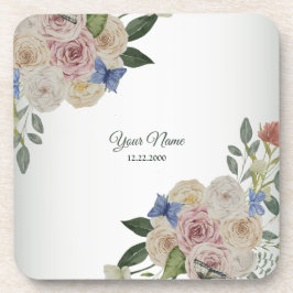 Colorful Floral Blue Butterfly Green Wedding Party コースター