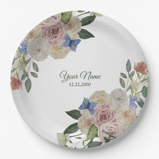 Colorful Floral Blue Butterfly Green Wedding Party ペーパープレート (正面)