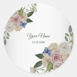 Colorful Floral Blue Butterfly Green Wedding Party ラウンドシール