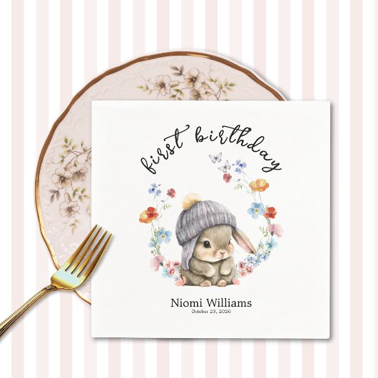 Colorful Floral Bunny First Birthday Napkins スタンダードカクテルナプキン