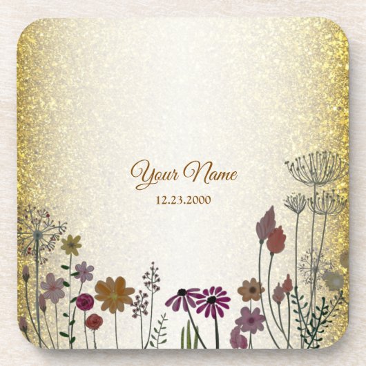 Colorful Floral Garden Gold Glitter Wedding Party コースター (正面)