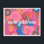 Colorful Floral New Address We've Moved Moving ポストカード<br><div class="desc">This new address announcement postcard features a bold retro floral pattern in bright pink, coral, blue, and orange with modern white lettering. The vibrant flowers create a cheerful, eye-catching design that feels joyful and welcoming. Send friends and family your new home details with a postcard that feels personal and full...</div>