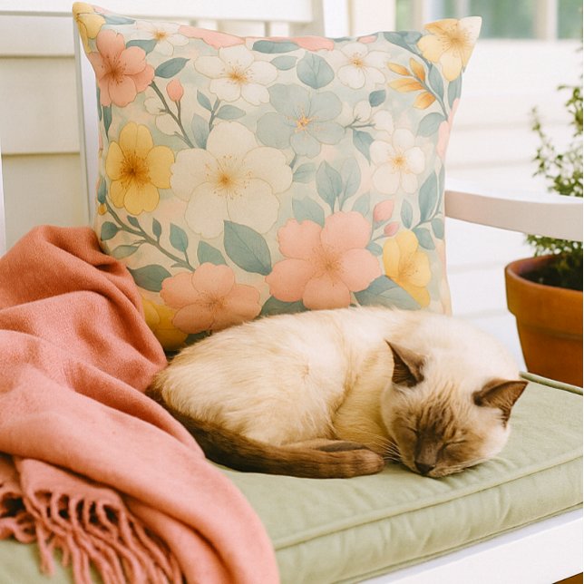 Colorful Floral on Light Gray  アウトドアクッション (Cozy moments on the porch with floral throw pillow and your cat )