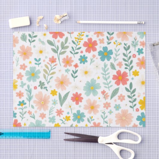 Colorful Floral on White  薄葉紙 (クラフト)