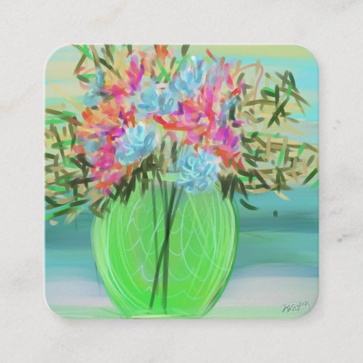 Colorful Floral Painterly Green Vase Square スクエア名刺 (正面)
