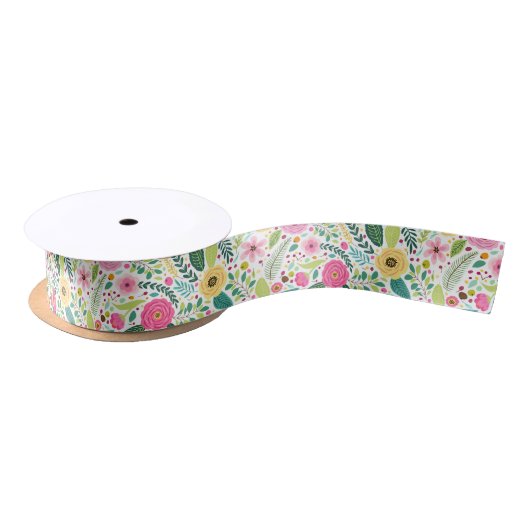 Colorful floral pattern with pink, yellow サテンリボン (リール)