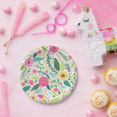 Colorful floral pattern with pink, yellow ペーパープレート (パーティー)