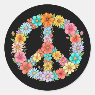 Colorful Floral Peace Sign Hippie Retro Flower ラウンドシール