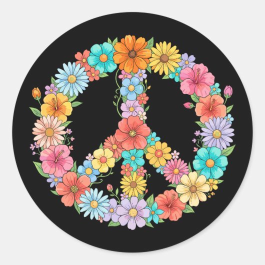 Colorful Floral Peace Sign Hippie Retro Flower ラウンドシール (正面)