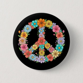Colorful Floral Peace Sign Hippie Retro Flower 缶バッジ