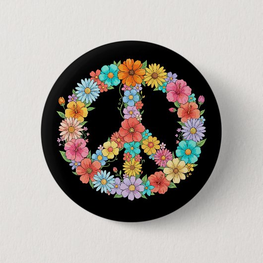 Colorful Floral Peace Sign Hippie Retro Flower 缶バッジ (正面)