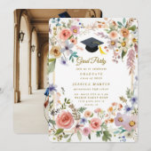 Colorful Floral Photo Graduation Hat Party Invite 招待状 (正面/裏面)