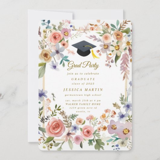 Colorful Floral Photo Graduation Hat Party Invite 招待状 (正面)