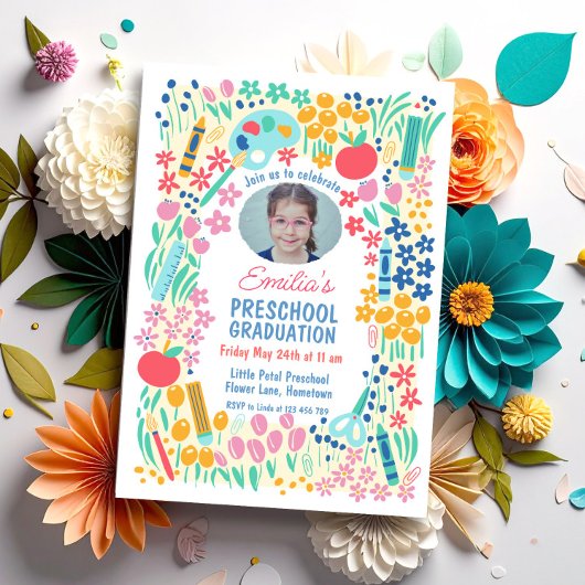 Colorful Floral Photo Preschool Graduation 招待状