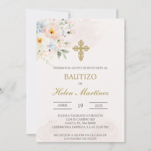 Colorful floral Spanish baptism 招待状 (正面)
