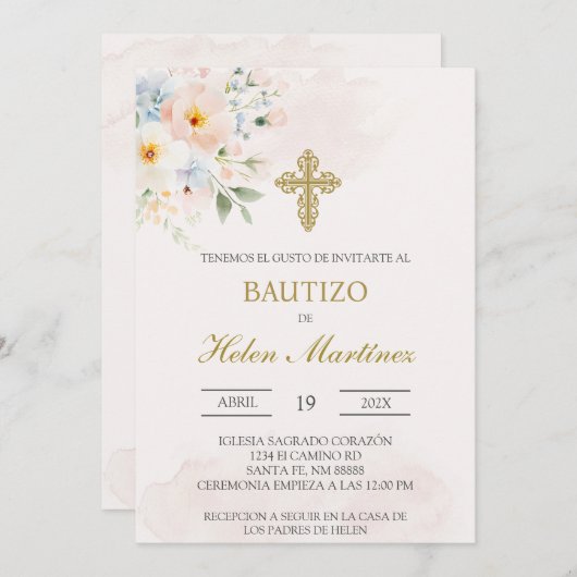 Colorful floral Spanish baptism 招待状 (正面/裏面)