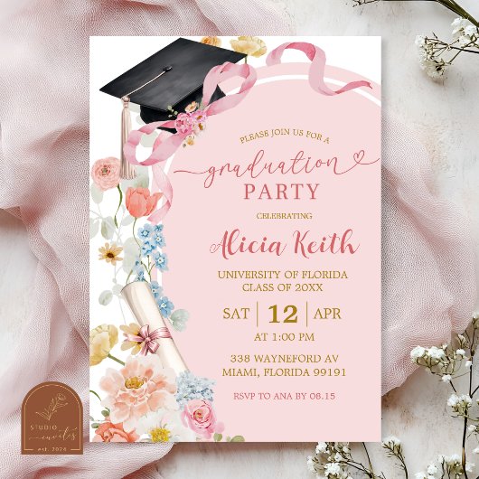 Colorful Floral Spring Graduation Party Invitation 招待状