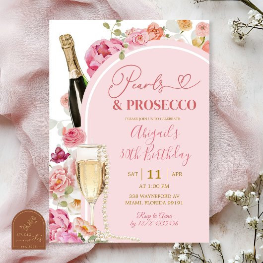 Colorful Floral Summer Pearls and prosecco Birthda 招待状