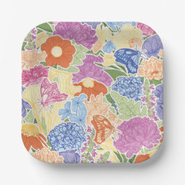 Colorful Flower Garden and Butterflies ペーパープレート