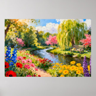 Colorful Flower Garden River Spring Landscape Art ポスター