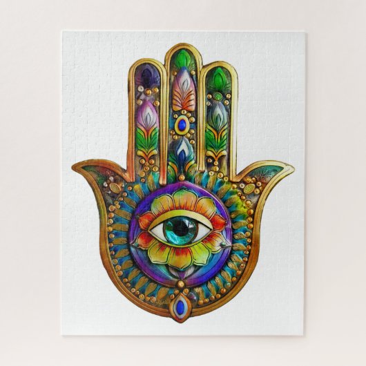 Colorful Flower Petals Turquoise Third Eye Hamsa ジグソーパズル (縦)