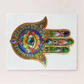 Colorful Flower Petals Turquoise Third Eye Hamsa ジグソーパズル (横)