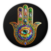 Colorful Flower Petals Turquoise Third Eye Hamsa セラミックノブ (正面)