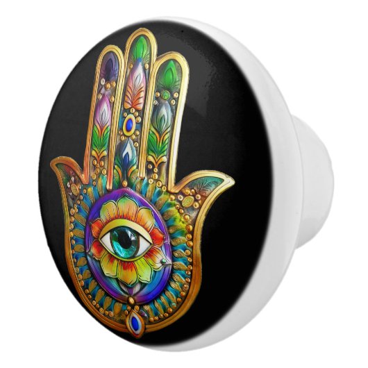 Colorful Flower Petals Turquoise Third Eye Hamsa セラミックノブ (右)
