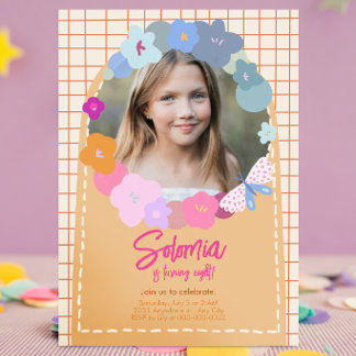 Colorful Flower Photo Birthday Girl Invitation 招待状