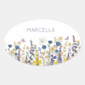 Colorful Flowers and Butterflies Custom Name 楕円形シール (正面)