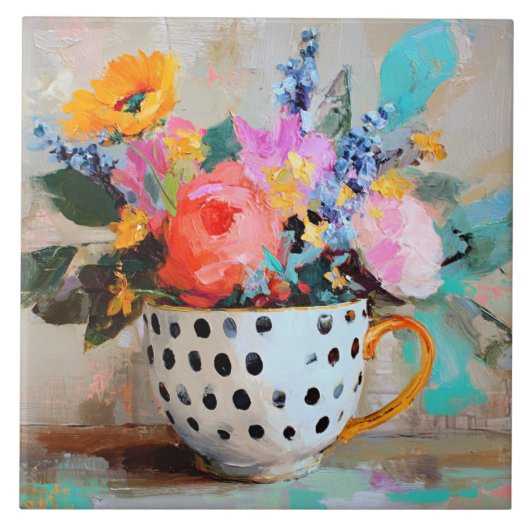 Colorful Flowers in Polka Dot Teacup タイル (正面)