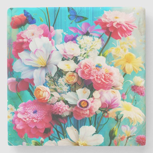 Colorful Flowers  on Teal ストーンコースター (正面)