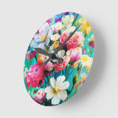 Colorful Flowers on Teal Background ラウンド壁時計 (傾斜)